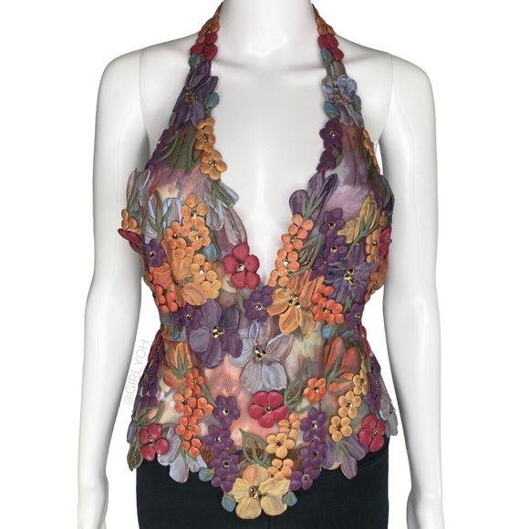 Ema Savahl Tops - Ema Savahl Swarovski Crystals Flower Halter Tie Back Top